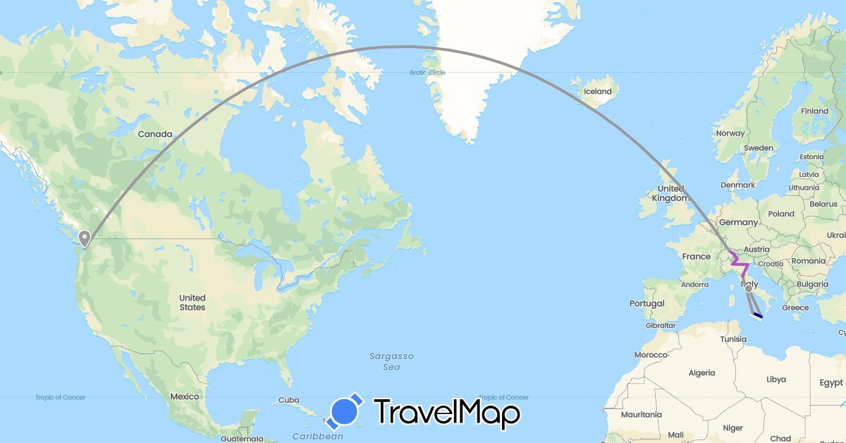 TravelMap itinerary: driving, plane, train in Switzerland, Iceland, Italy, United States (Europe, North America)